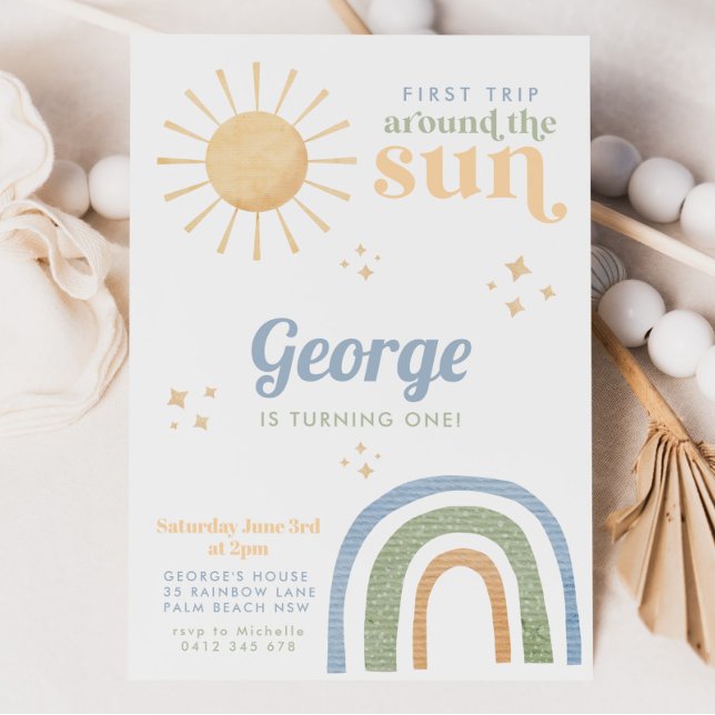 Invitation Premier voyage autour de Sun Boy Rainbow 1er anniv (First Trip Around The Sun | Boy's 1st Birthday Invitation)