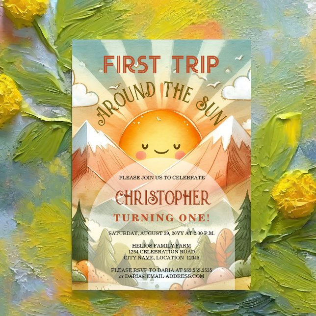 Invitation Premier Voyage Autour Du Soleil 1Er Anniversaire (Celebrate your child's first birthday with this whimsical and retro sunshine birthday party invite.)
