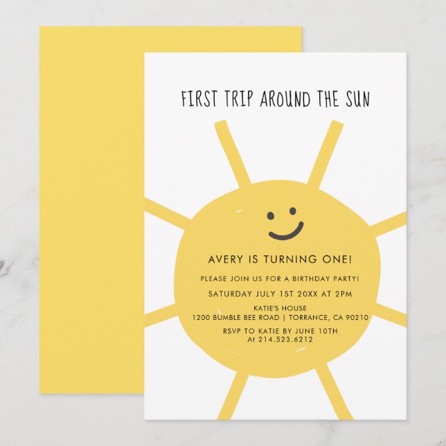 Invitation Premier Voyage Autour Du Soleil 1Er Anniversaire F (Devant / Derrière)