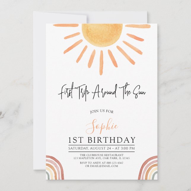 Invitation Premier voyage autour du Soleil Boho 1er anniversa (Devant)