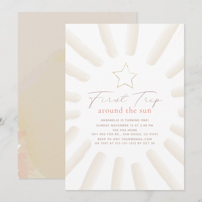 Invitation Premier Voyage Autour Du Soleil Boho 1Er Anniversa (Devant / Derrière)