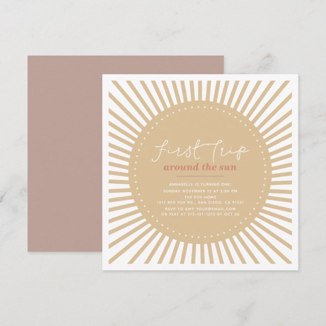 Invitation Premier Voyage Autour Du Soleil Boho 1Er Anniversa (Devant / Derrière)
