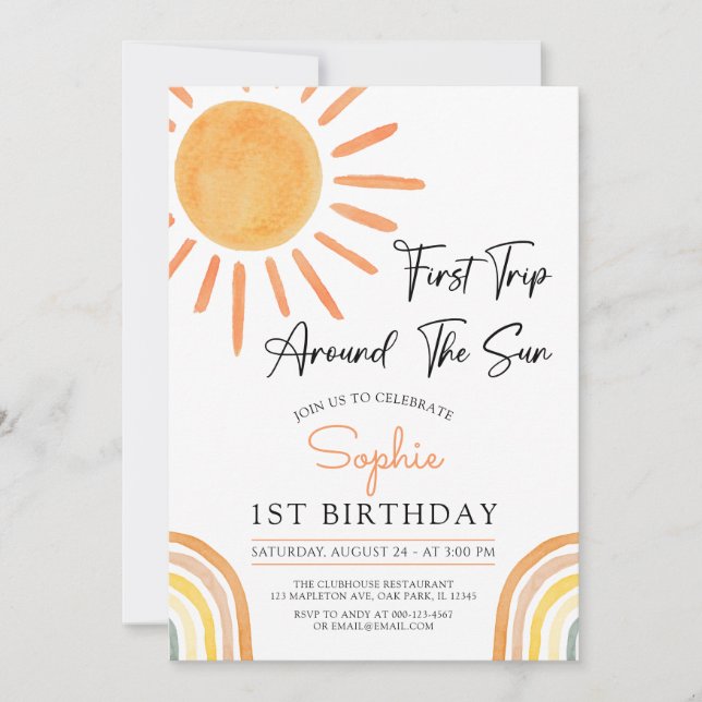 Invitation Premier voyage autour du Soleil Boho Rainbow Anniv (Devant)