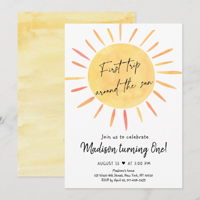 Invitation Premier Voyage Autour Du Soleil Boho Sunshine Anni (Devant / Derrière)