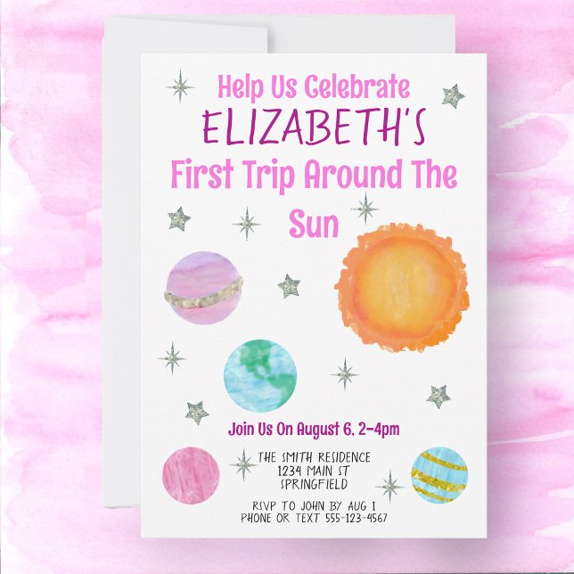 Invitation Premier Voyage Autour Du Soleil Fille Anniversaire (Créateur téléchargé)