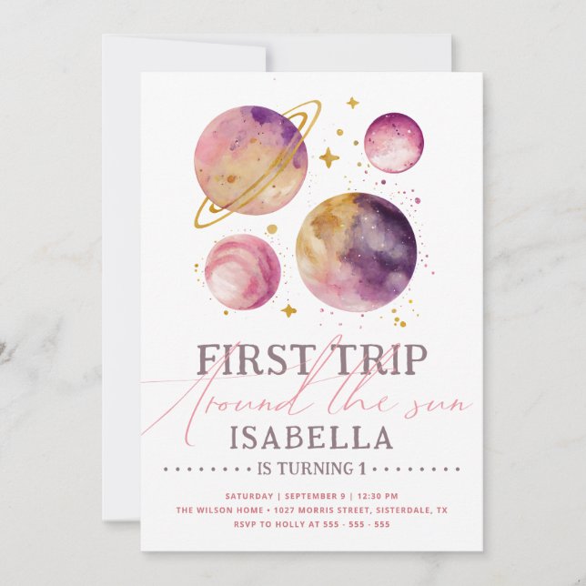 Invitation Premier voyage autour du soleil rose fille spatial (Devant)