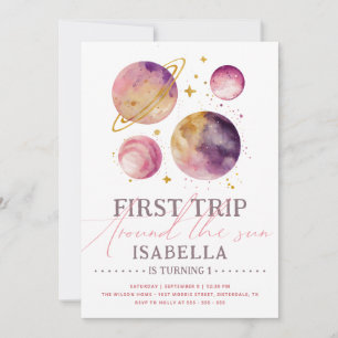 Invitation Premier voyage autour du soleil rose fille spatial