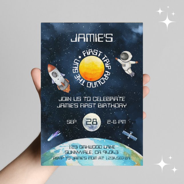 Invitation Premier Voyage Autour Du Thème Espace Soleil 1er A (First Trip Around The Sun First Birthday Space Theme Invitation)