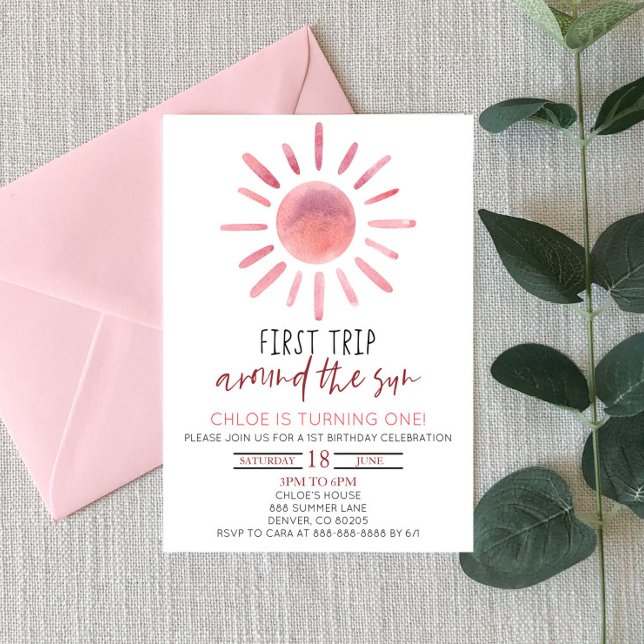 Invitation Premier Voyage Rose Autour Du Soleil 1Er Anniversa (Créateur téléchargé)