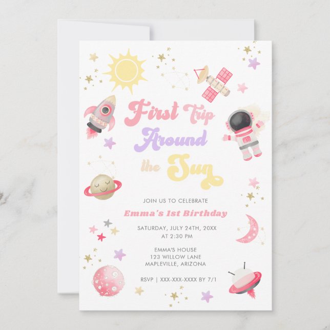Invitation Premier voyage rose autour du soleil premier anniv (Devant)
