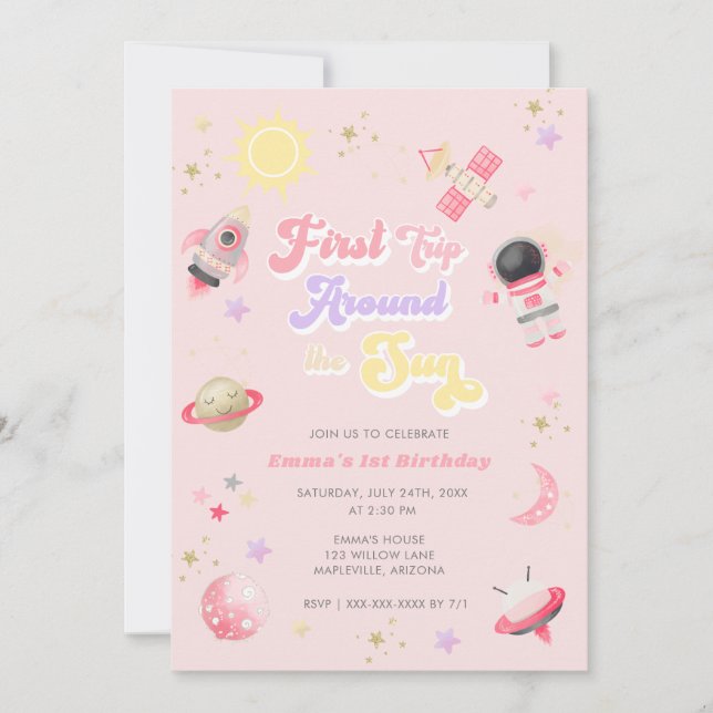 Invitation Premier voyage rose autour du soleil Premier anniv (Devant)