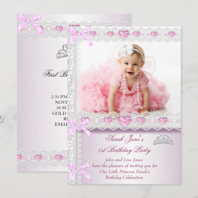 Invitation Première 1ère fête d'anniversaire Filles Princesse (Devant / Derrière)