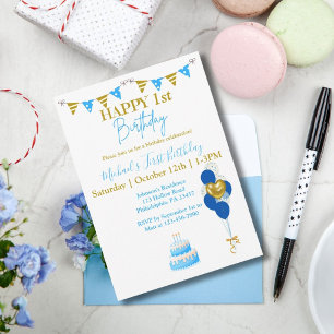 Invitation Première année de bébé garçon ballons bleus et or 