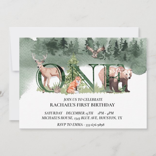 Invitation Première année Ours de bois Aquarelle de cerf (Devant)