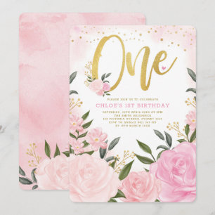 Invitation Première anniversaire de la fille des Roses en or 