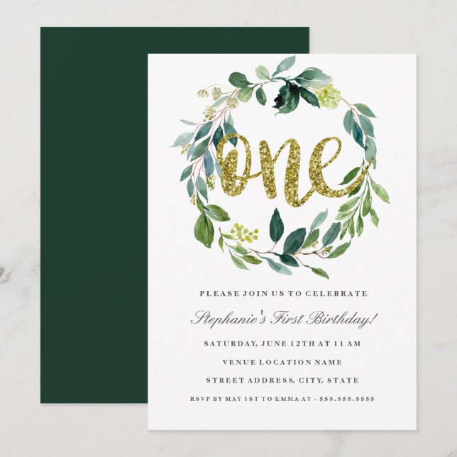 Invitation Première Anniversaire Gold Green Floral Wreath Inv (Devant / Derrière)