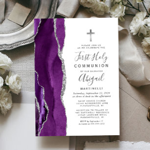 Invitation Première communion agate violette paillettes d'arg