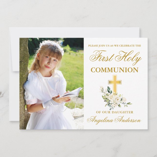 Invitation Première Communion Aquarelle Blanc Floral Photo (Devant)
