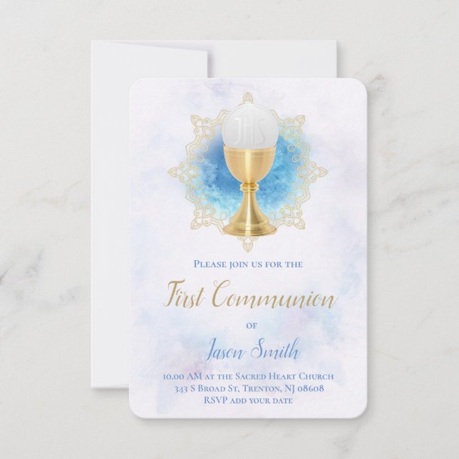 Invitation première communion aquarelle bleu (Devant)