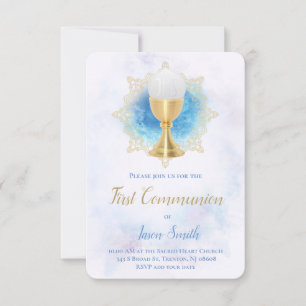 Invitation première communion aquarelle bleu