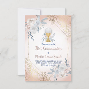 Invitation première communion aquarelle fleurs pâles