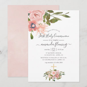 Invitation Première communion aquarelle florale Rose & Or ros
