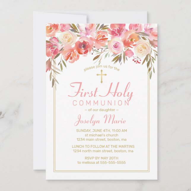 Invitation Première Communion Aquarelle Florale Rose rose (Devant)