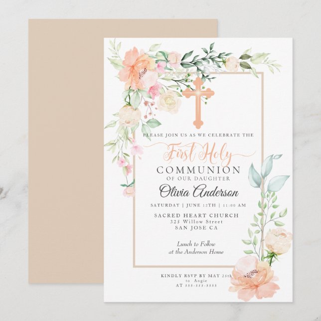 Invitation Première communion |Aquarelle Pastel Fleur de prin (Devant / Derrière)