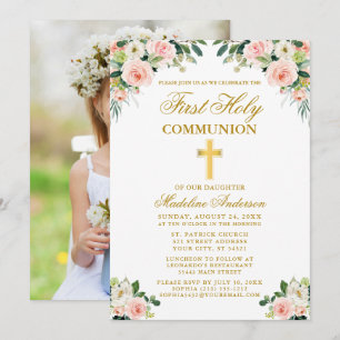 Invitation Première Communion aquarelle rose blanc photo flor