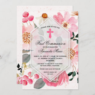 Invitation Première communion aquarelle rose florale