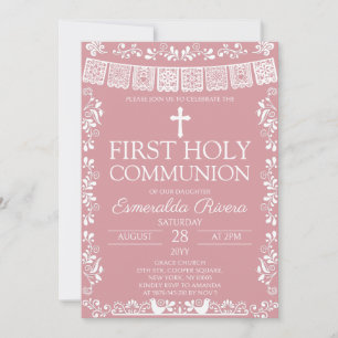 Invitation Première communion au papier découpé rose poudré