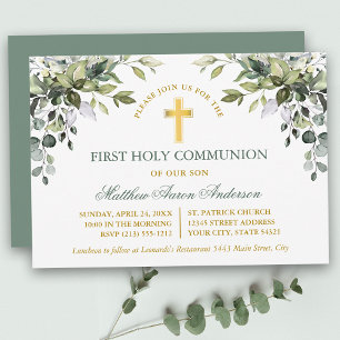 Invitation Première communion au vert sauge et or aquarelle