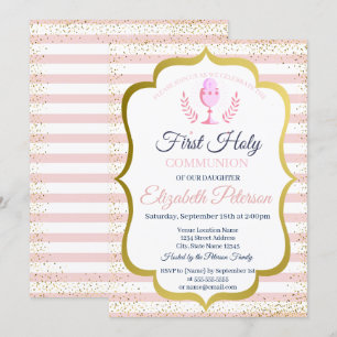 Invitation Première communion aux confettis à rayures roses