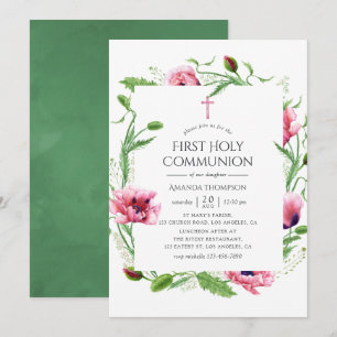 Invitation Première communion aux coquelicots roses aquarelle