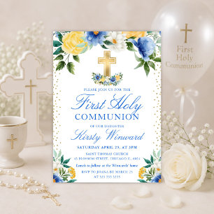Invitation Première communion aux fleurs bleues et jaunes