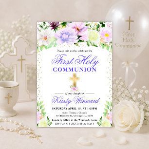Invitation Première communion aux fleurs violettes et crème