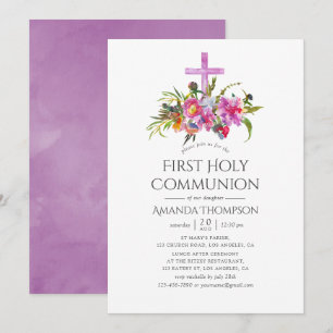 Invitation Première communion aux pivoines violettes vintage