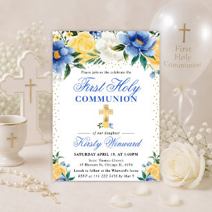 Invitation Première communion avec des fleurs bleues et jaune