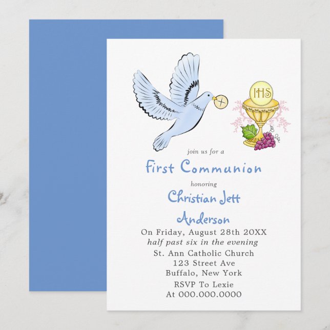 Invitation Première communion avec la colombe et l'hôte (Devant / Derrière)