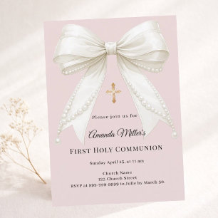 Invitation Première communion avec ruban rose poussiéreux et