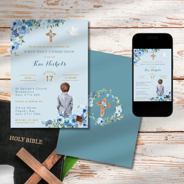 Invitation Première Communion Baptême Garçon Dusky Slate Bleu (Créateur téléchargé)