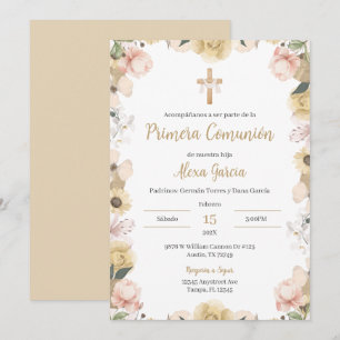 Invitation Première communion beige florale