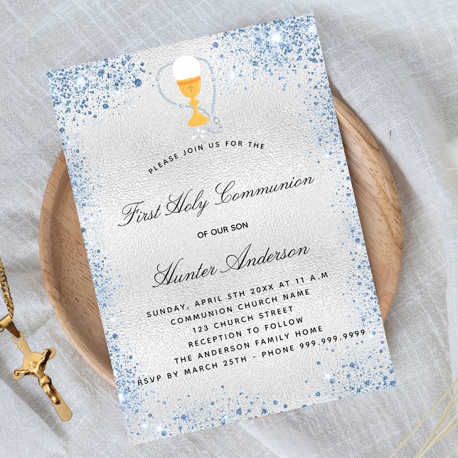 Invitation Première communion bleu argent garçon (Créateur téléchargé)