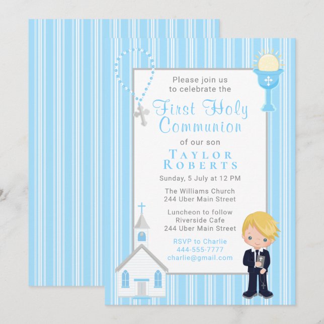 Invitation Première Communion Bleu Stripes Blonde Hair Boy In (Devant / Derrière)
