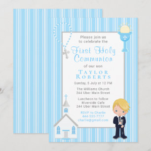 Invitation Première Communion Bleu Stripes Blonde Hair Boy In