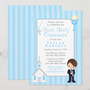 Invitation Première Communion Bleu Stripes Brown Cheveux Garç