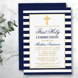 Invitation Première Communion Bleue Or rayé
