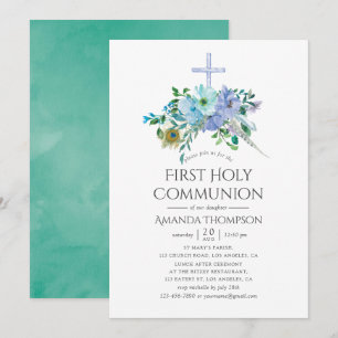Invitation Première communion Bohème verte menthe et bleue