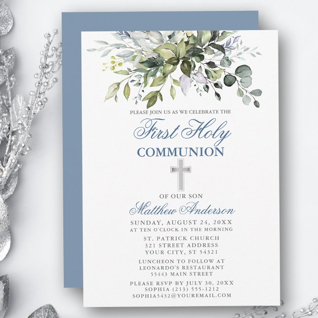 Invitation Première communion botanique Silver Dusty Blue (Customize to change text color,  size, style or to change color of back of card.)