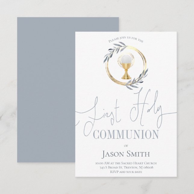 Invitation première communion catholique bleu poussiéreux et  (Devant / Derrière)